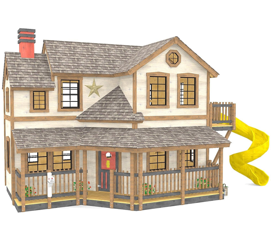 Large, 2 level Colonial style playhouse with front porch, gable roof and balcony.