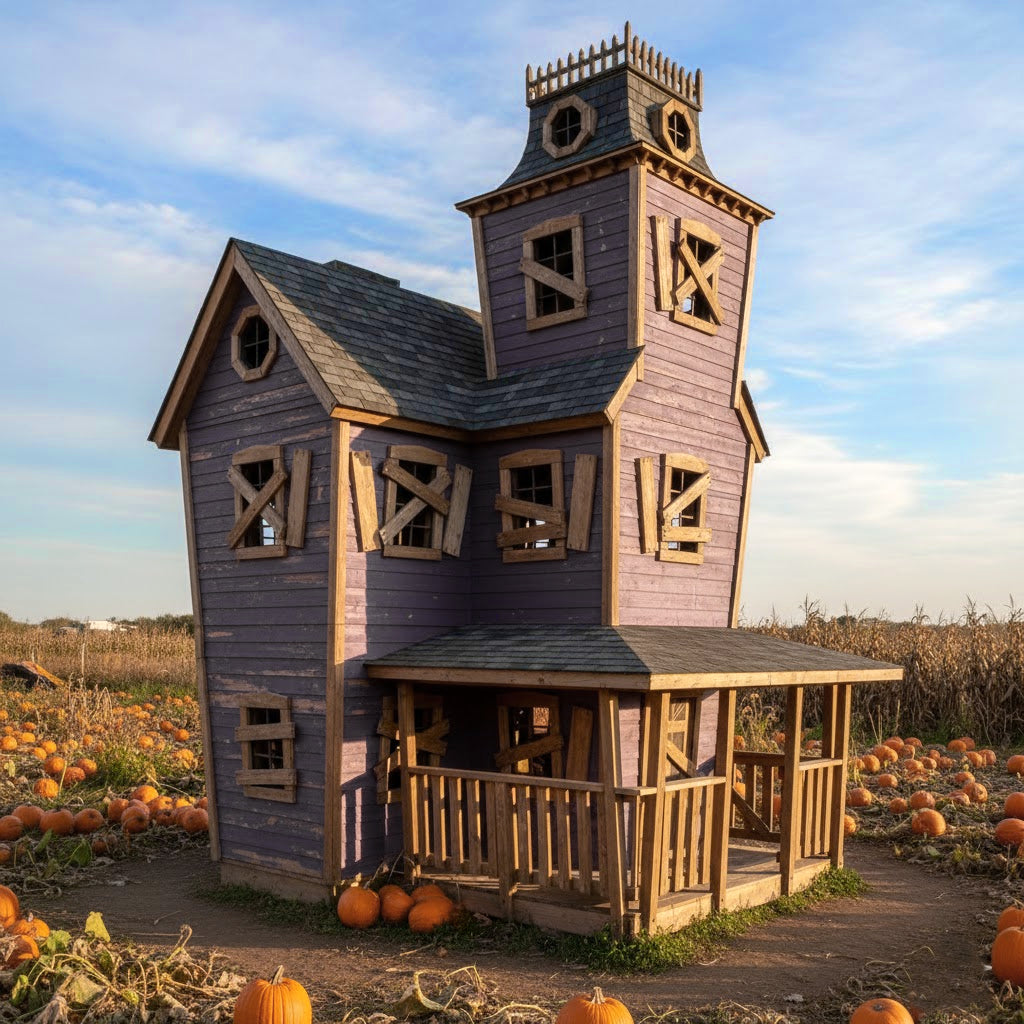 Victorian themed haunted house playhouse in a pumpkin patch in the afternoon.