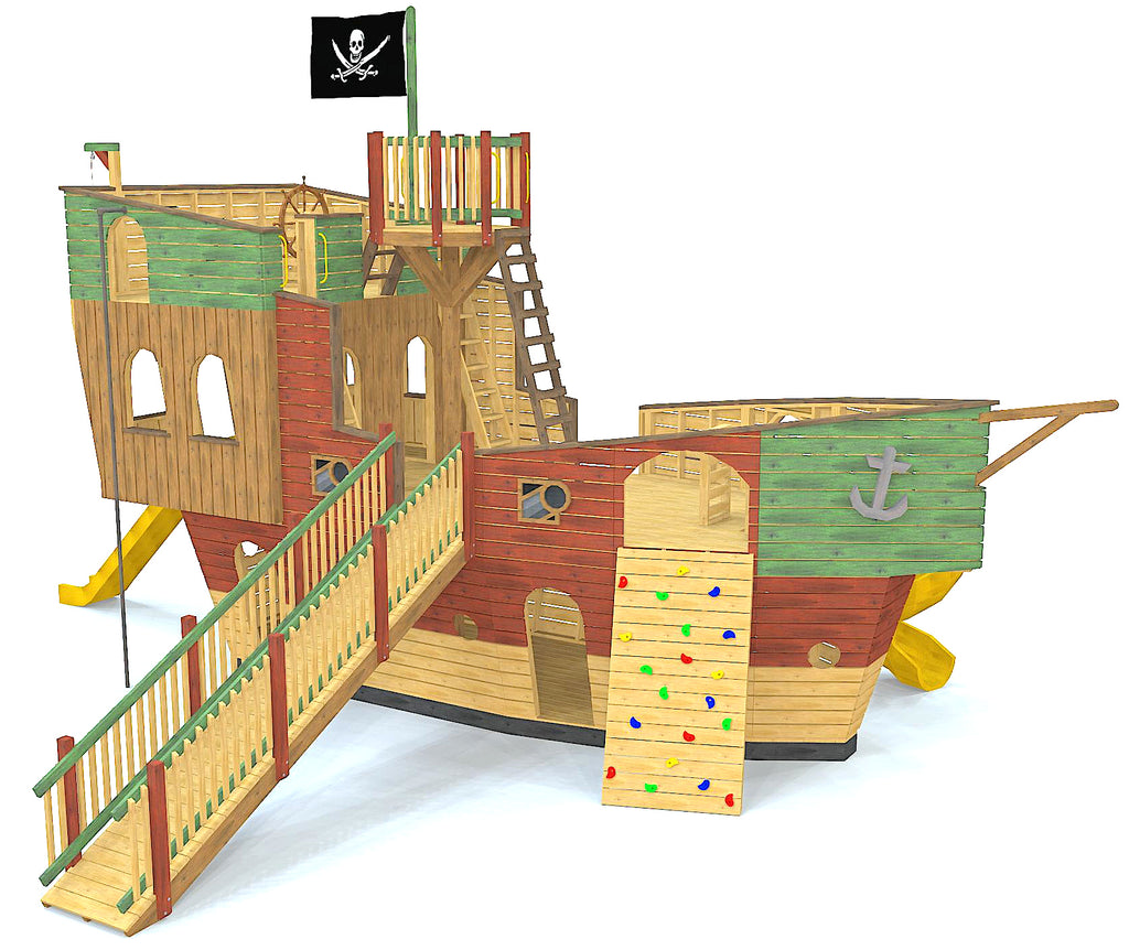 Large, 3 level pirate ship playset plan with gang plank, rock wall and flag