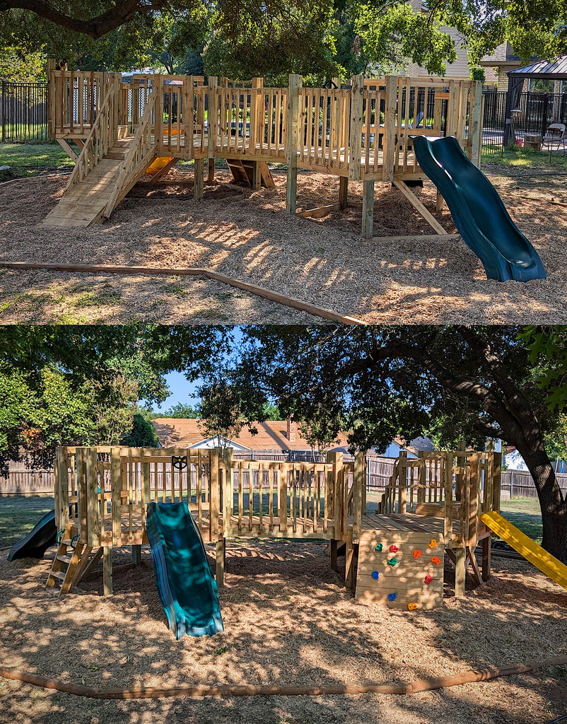 Mildly elevated toddler playset with 2 platforms connected by a bridge.