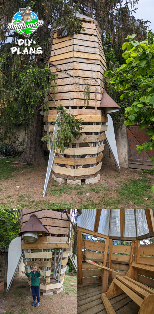DIY rocket ship playset with 3 levels, clear roof in backyard setting.