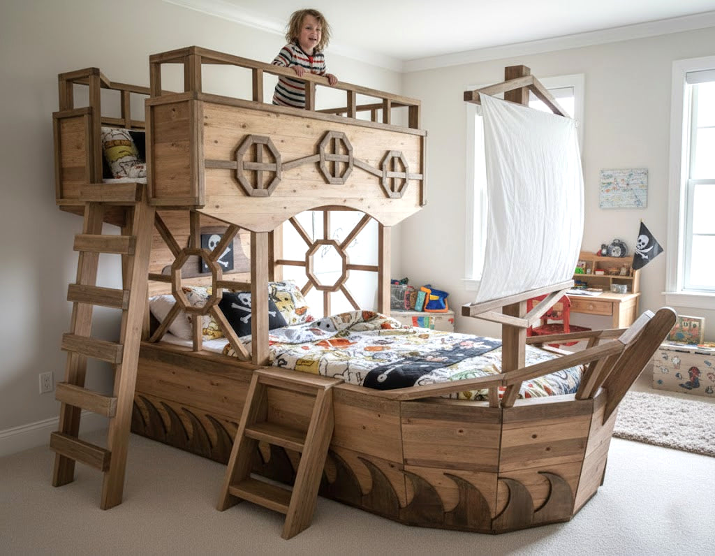Wooden pirate ship bed in a child's room with a ladder and deck.