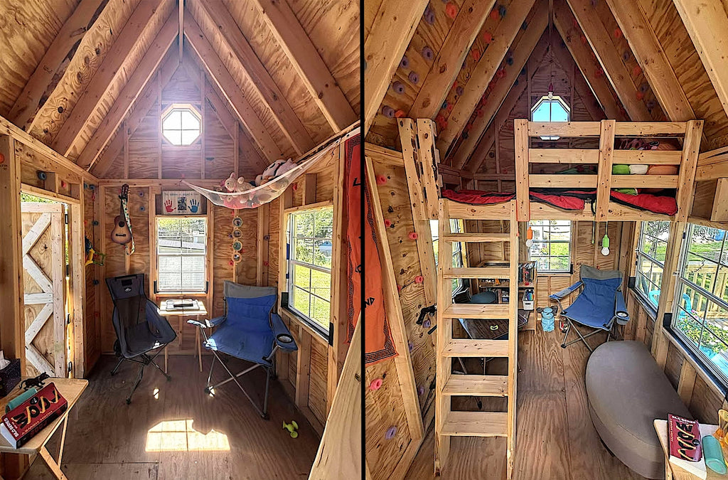 Cozy interior of wooden playhouse with loft bed, chairs, and toys on a sunny day.