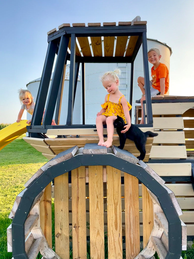 Children playing on a wooden playground structure with a clear blue sky in the background.