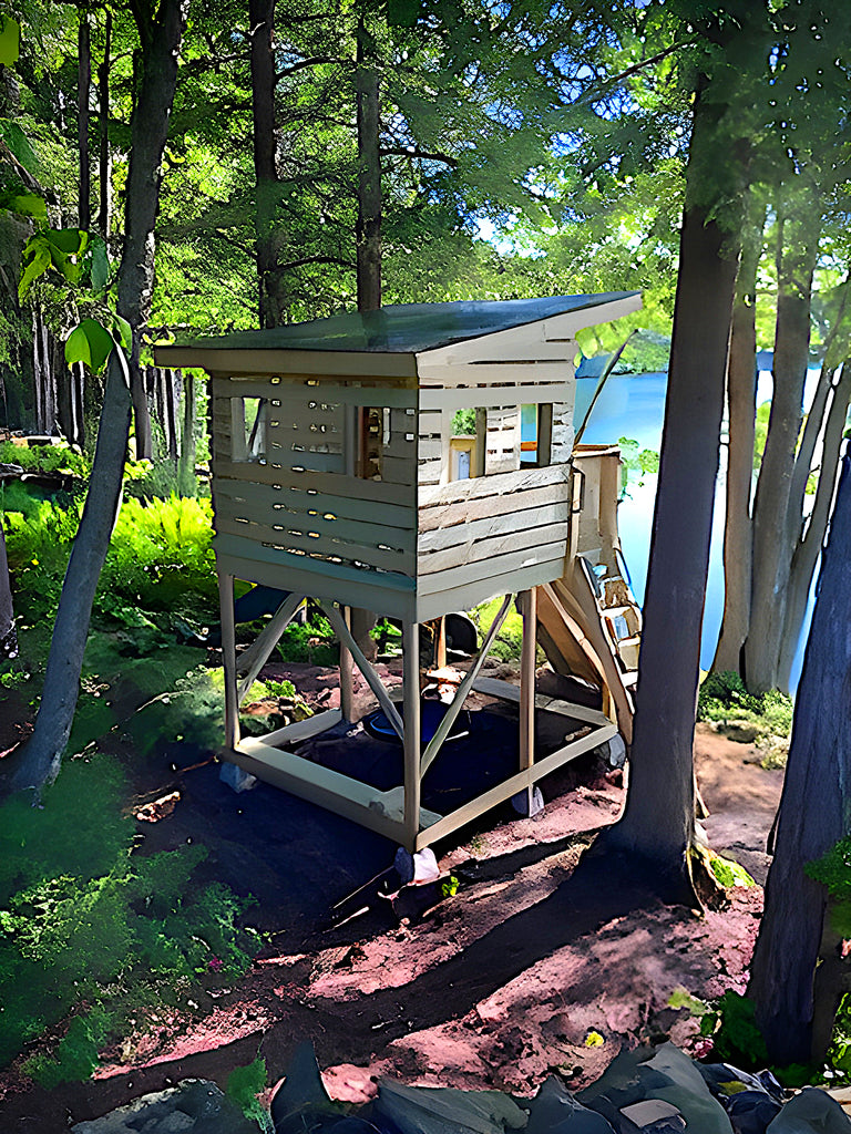 Stilted, wooden playhouse with lean-to roof in a forest setting with a lake in the background