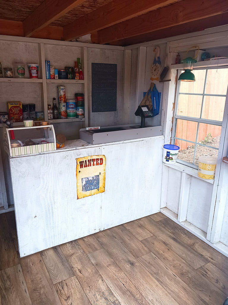 Checkout counter inside market themed playhouse plan