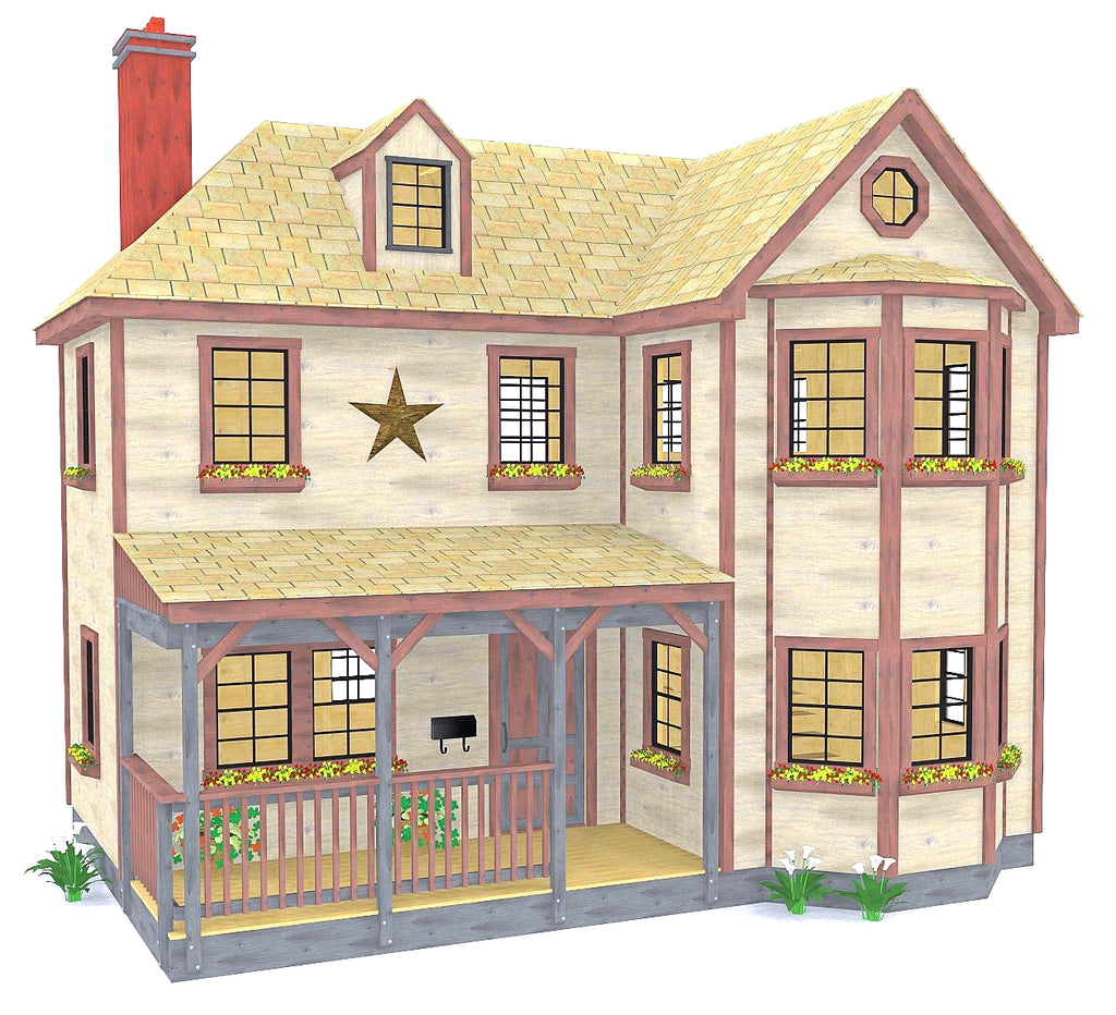 Luxury 3-level playhouse plan with beautiful front porch, dormers and flower boxes.