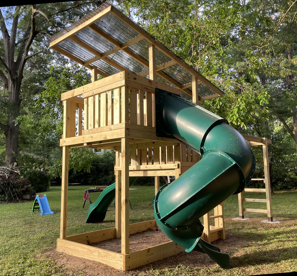 tall free playset with 3 levels, slide, swingset and clear roof