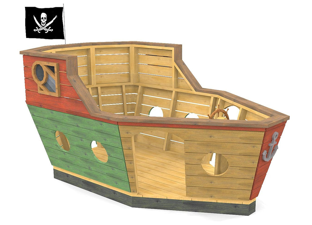 Simple, single level open-concept pirate ship playhouse for kids.