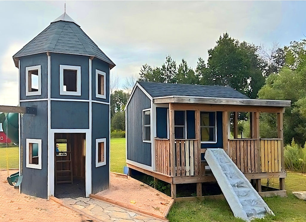 A blue silo and barn wooden playhouse on a farm