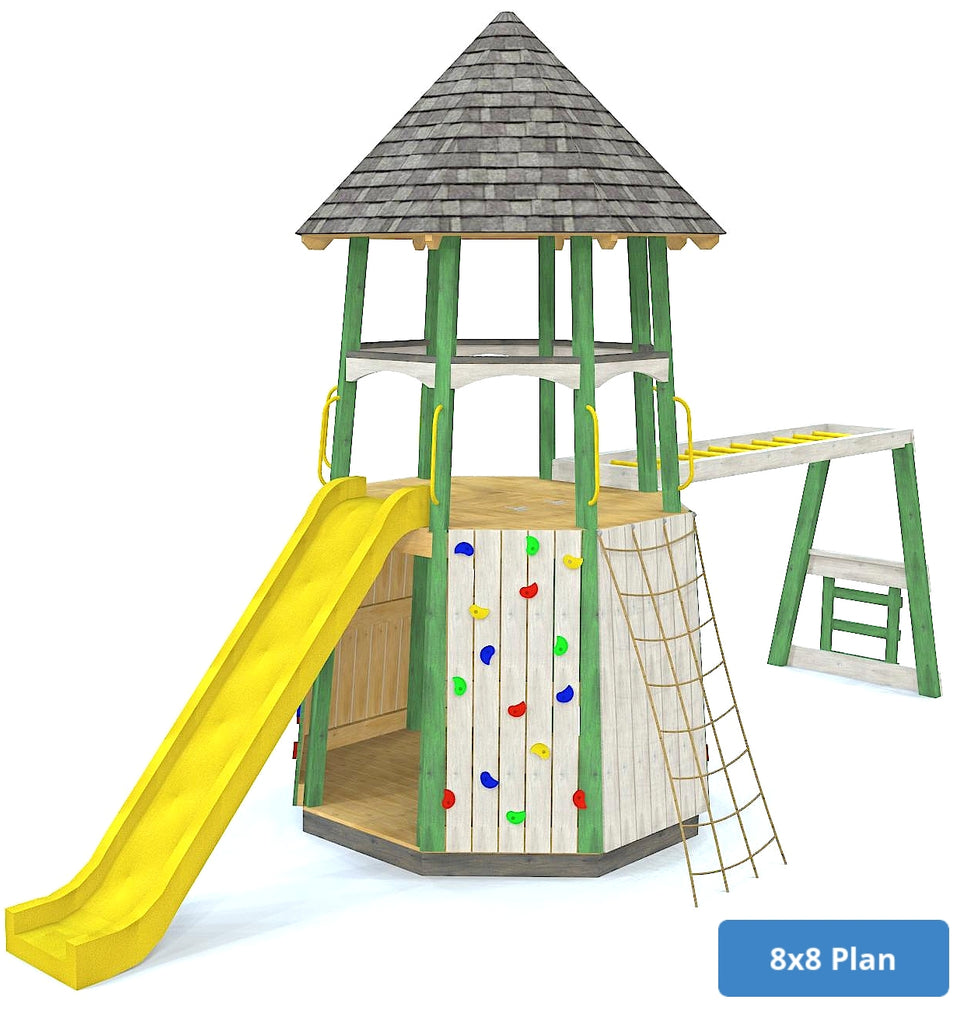 8x8, two level playground play tower with slide, cargo net and monkey bars