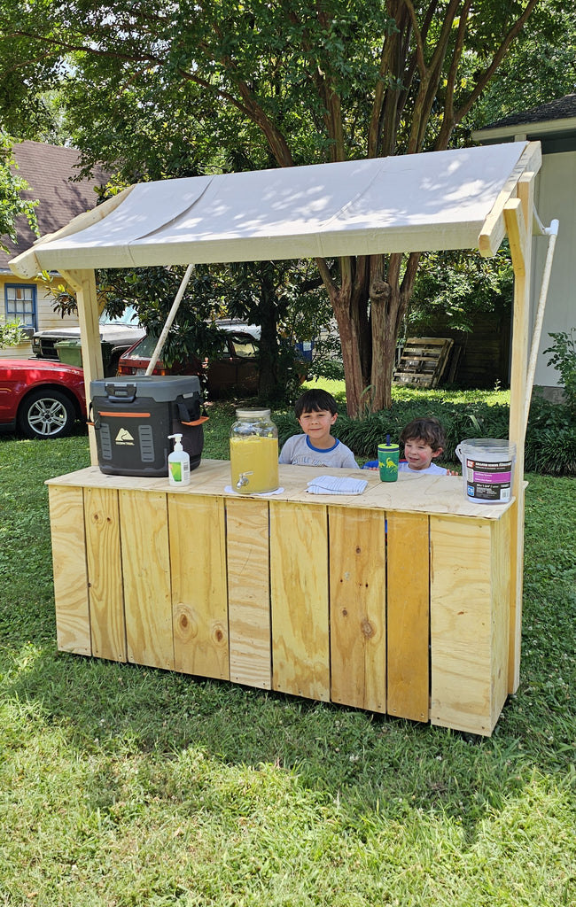 Wooden lemonade stand with a canopy in a backyard setting