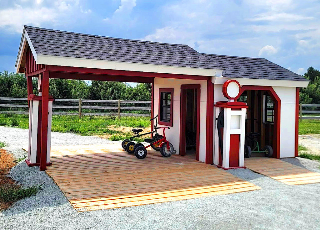 White and red DIY gas station playset.