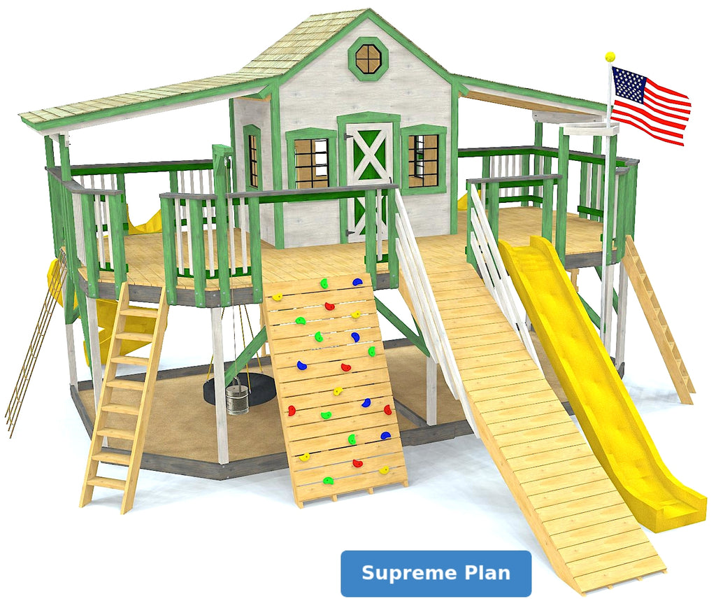 Supreme size Playhouse Playground Plan - 7' deck height with two awnings, gang plank, slides and tire swings