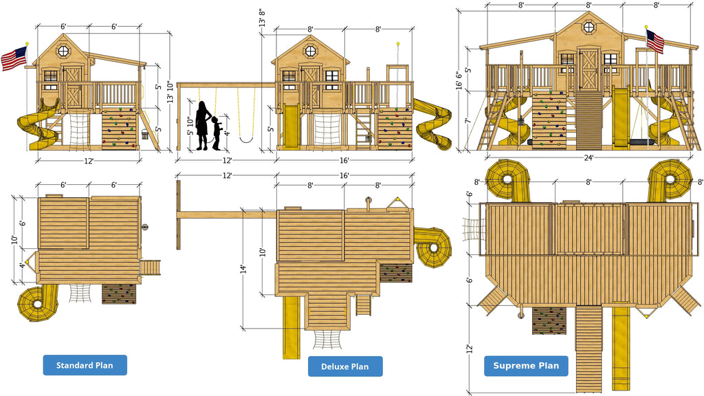 Three playground playhouse plan sizes
