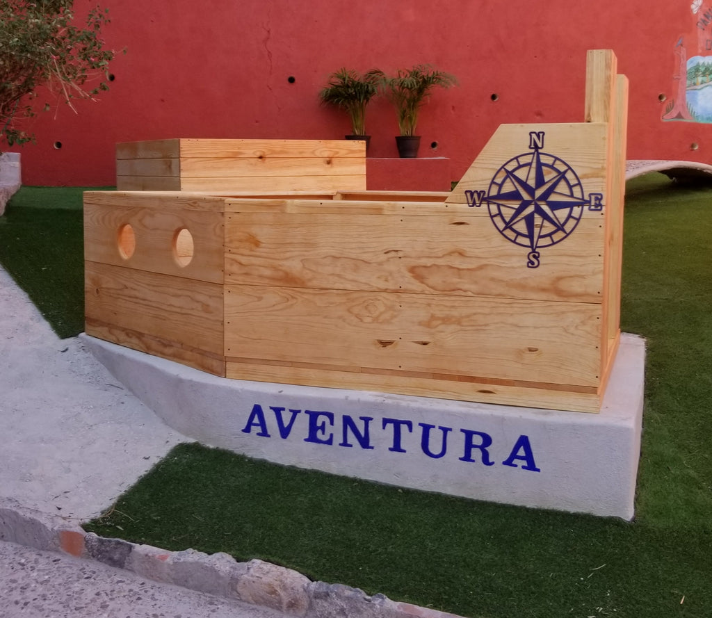 Small preschooler pirate ship on podium.