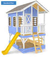 Children's playhouse with blue walls, white trim, and a yellow slide on a white background.