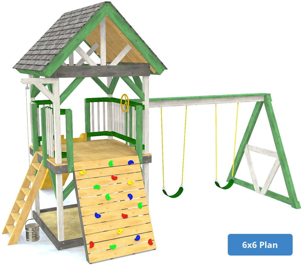 6x6 Simple two-level, green outdoor playset with swings, rockwall and gable roof