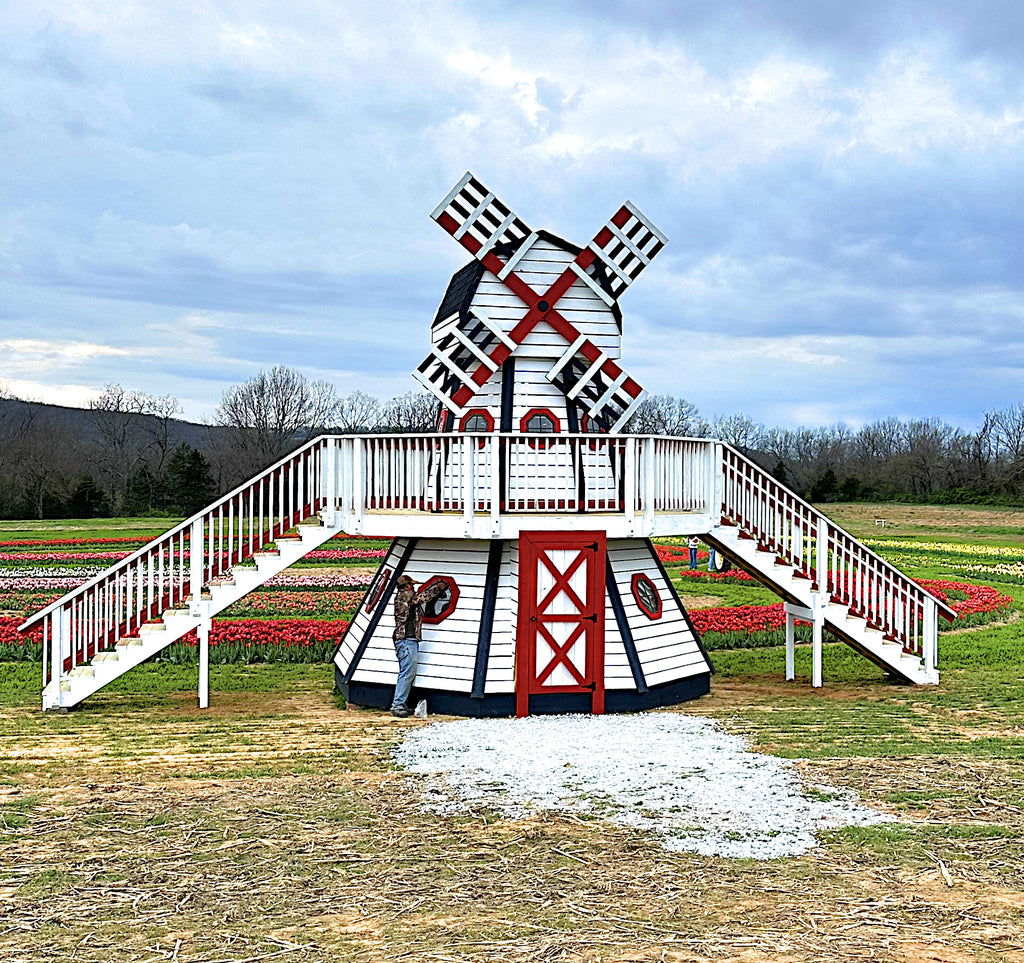 Large playhouse windmill with wrap around porch, set against a field of flowers and trees.
