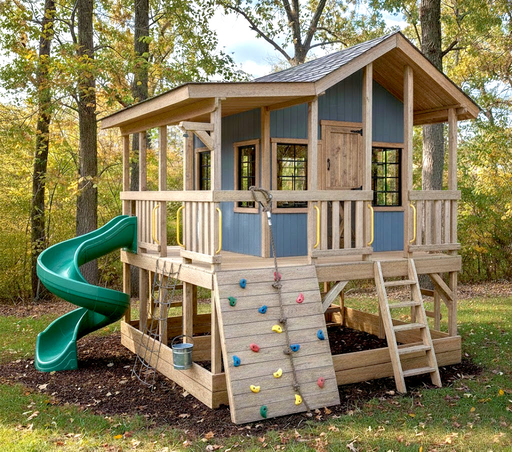 Wooden playhouse with a green slide in a forest setting