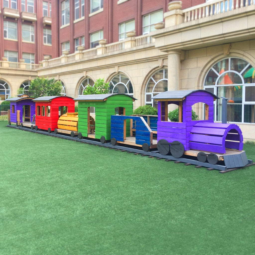 7 car, colorful train playground playset