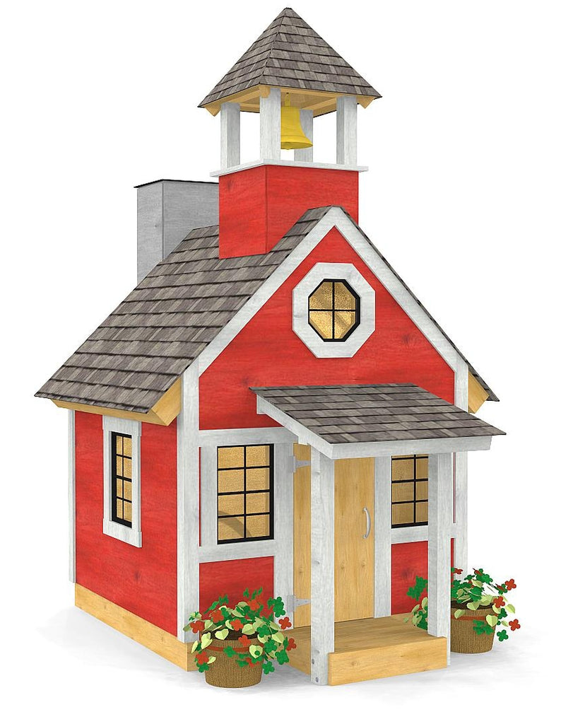 Red schoolhouse playhouse with small front porch, bell tower and chimney.