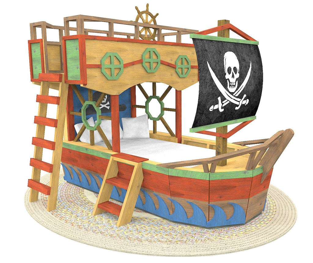 A pirate ship themed bed with loft and front mast for kids.