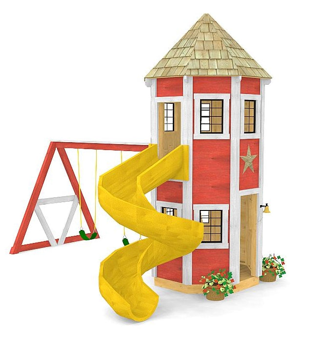 A two level silo playhouse with slide and swingset