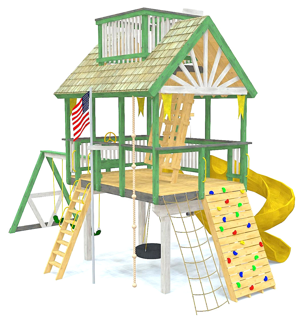 Elevated playground playset plan with crows nest and many accessories