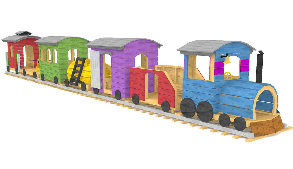A seven car, wooden playground train with multiple colors and features.