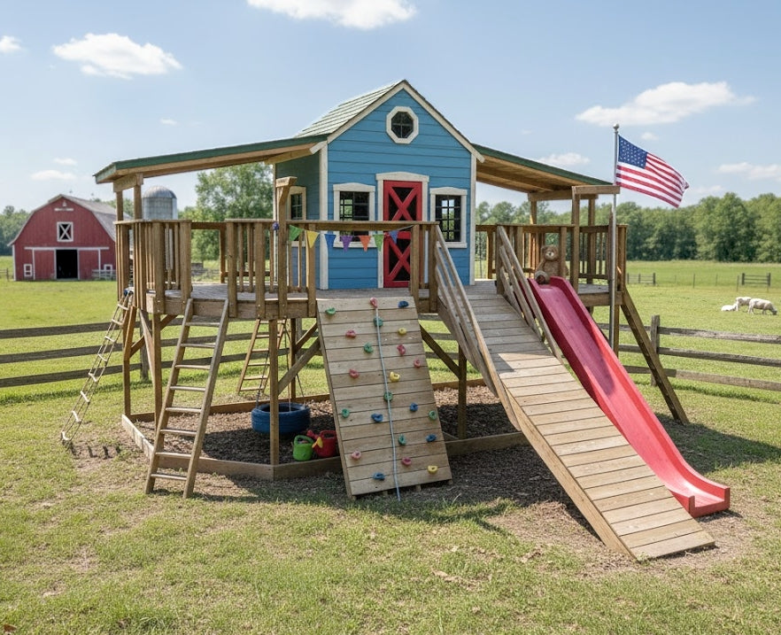 Children's playset with a blue cabin and red slide in an outdoor setting.