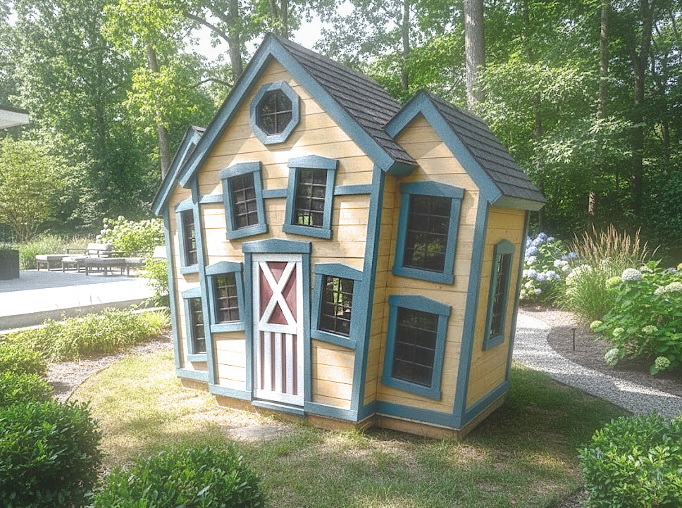 Whimsical and crooked, yellow and blue kid's playhouse in a backyard setting.