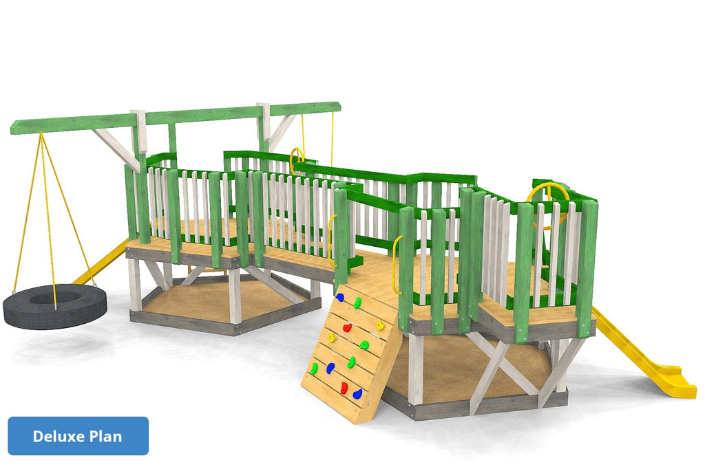 Two playground platforms connected by a bridge.  Includes dual swing arm, rock wall and slide.