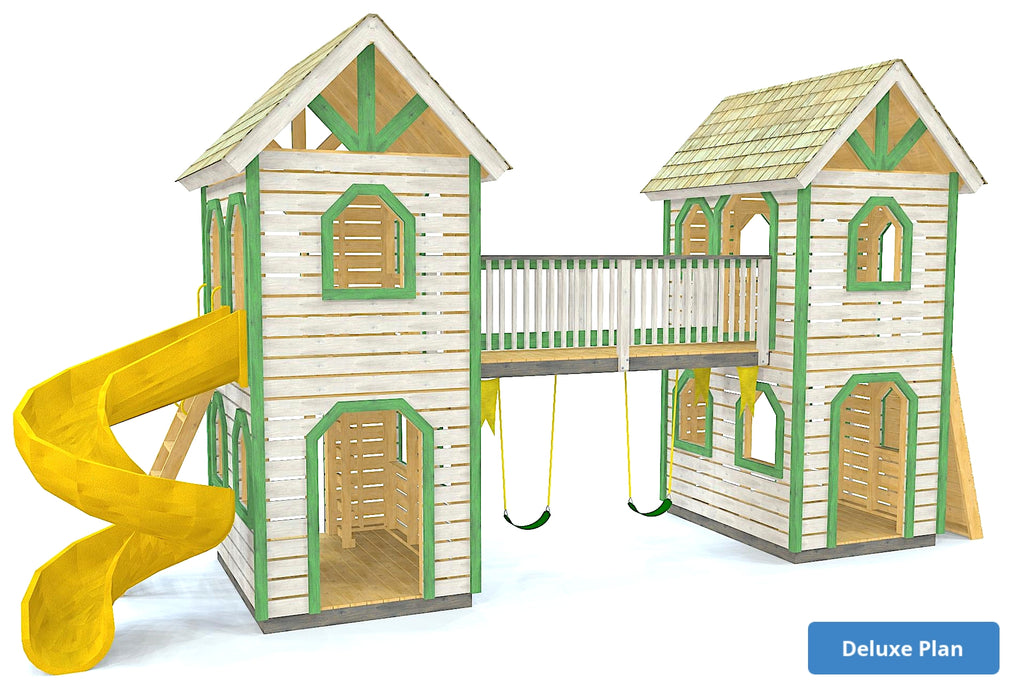 Two tower playground playset with connecting bridge, gable roofs, slides and spiral slide