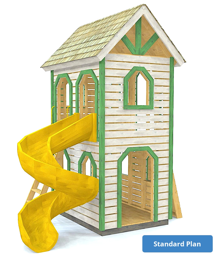 6x6 playground tower playset with gable roof  and spiral yellow slide