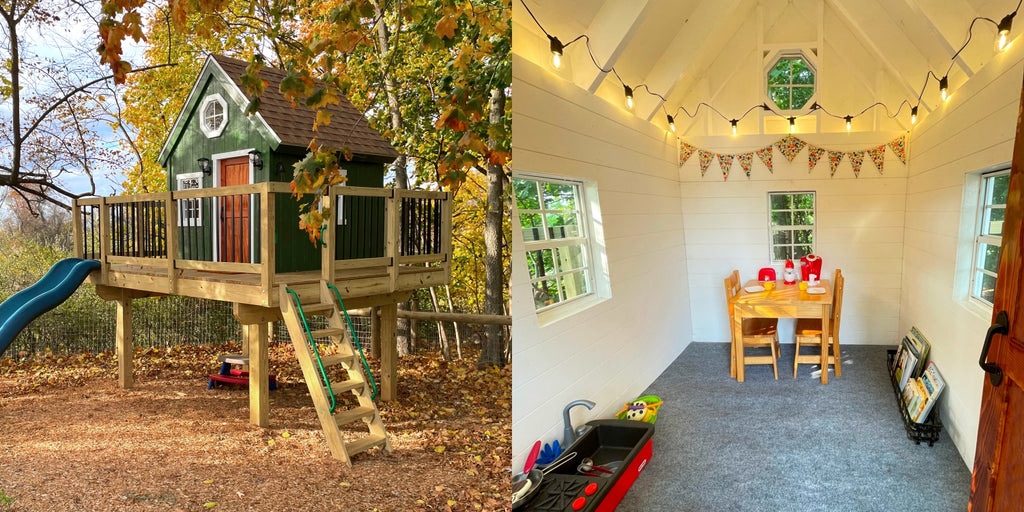 Cozy green gable playhouse on stilts with string lighting inside