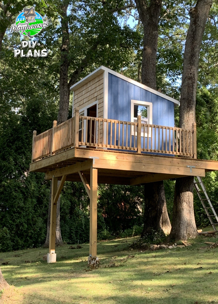 8x8 treehouse with wooden deck and stairs, surrounded by trees.