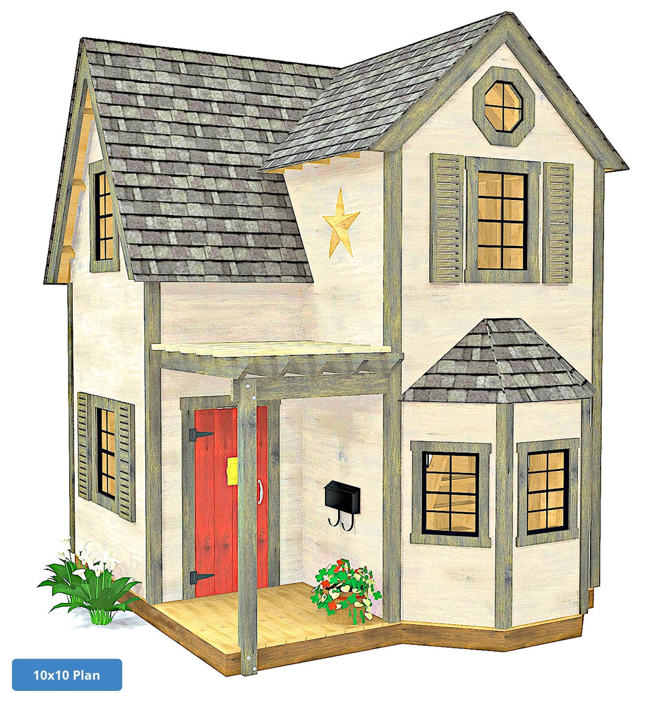 Two story, hip roof playhouse with pergola and red door