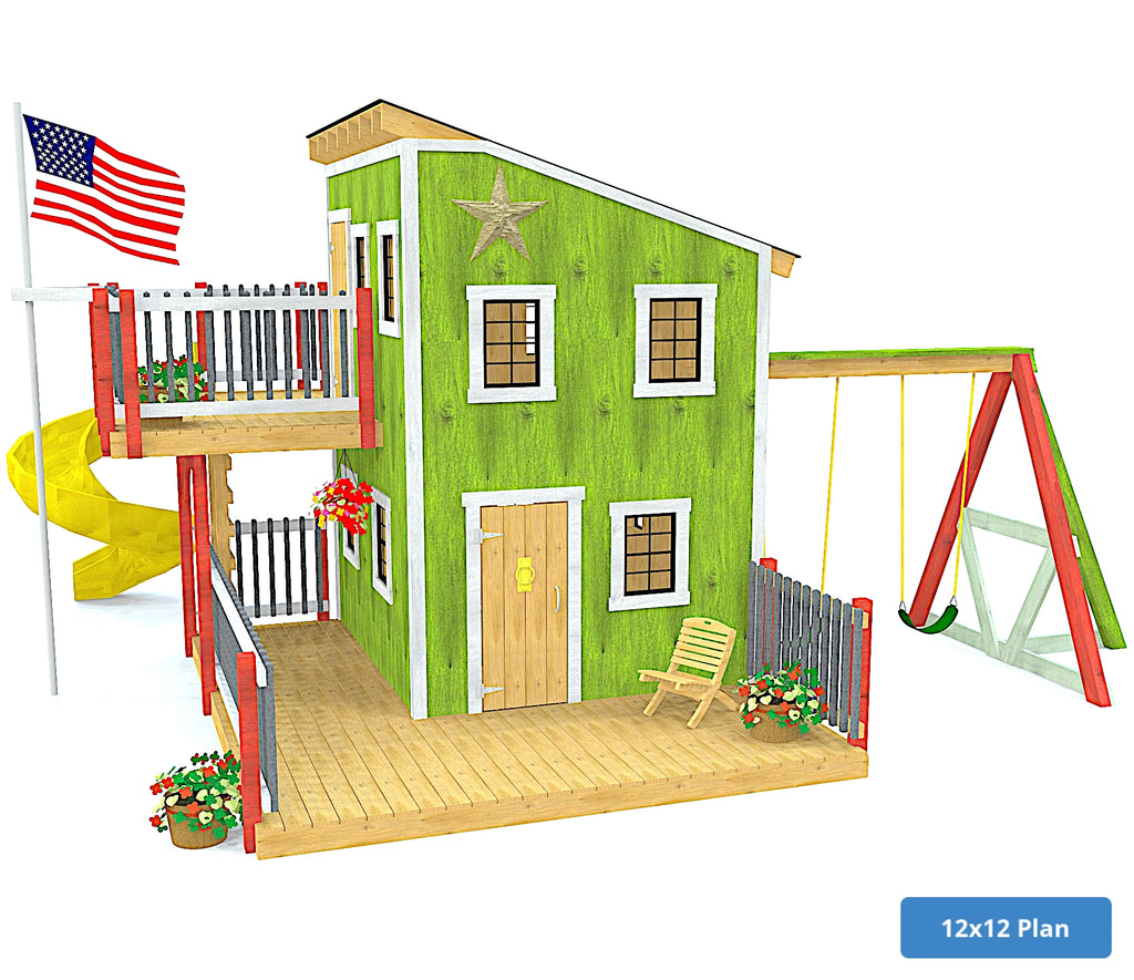 Simple 12x12 lean-to clubhouse with swing set, balcony, porch, slide and firepole