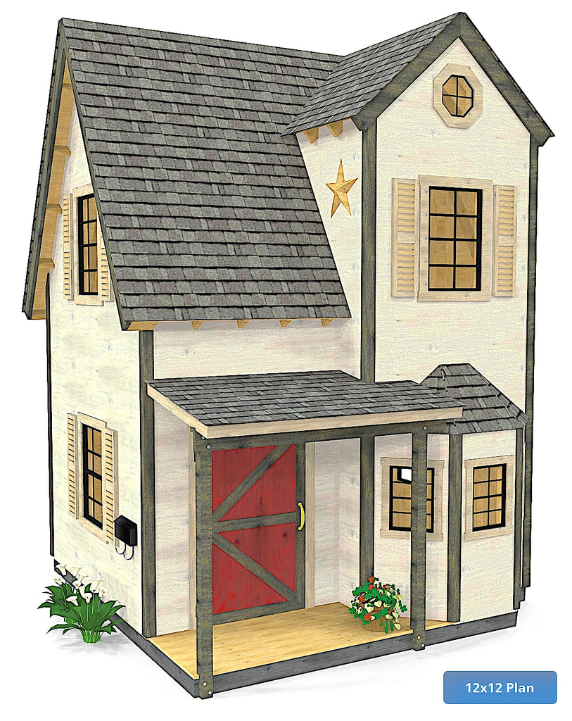Tall two story, hip roof playhouse with pergola and red door