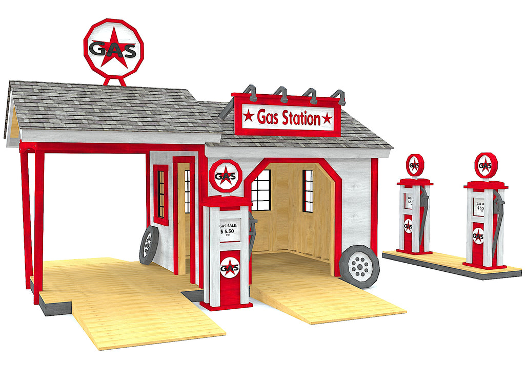 Red and white gas station playhouse plan for kids