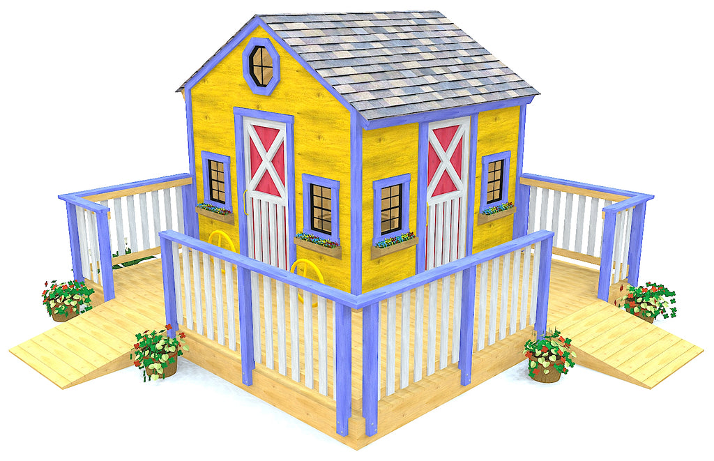 Yellow playhouse designed for wheelchairs with "L" porch and ramps