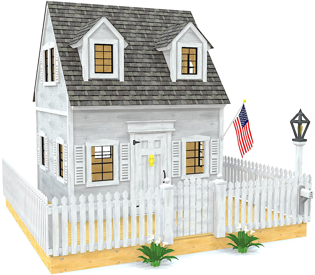Classic large white playhouse plan for kids with fence