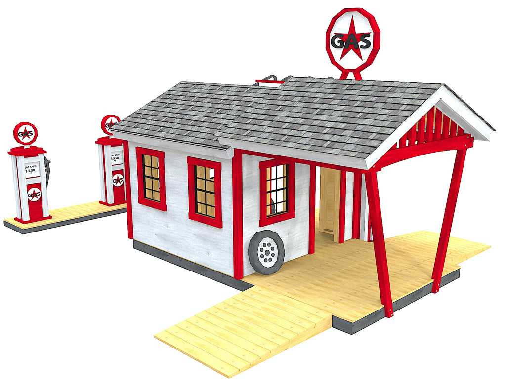 Drive through filling station playhouse with gas pumps