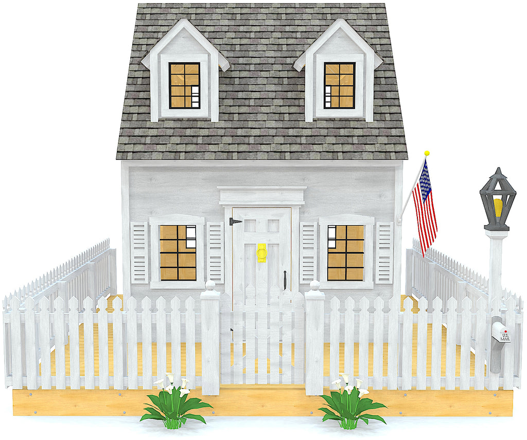 Colonial style playhouse plan with surrounding white fence