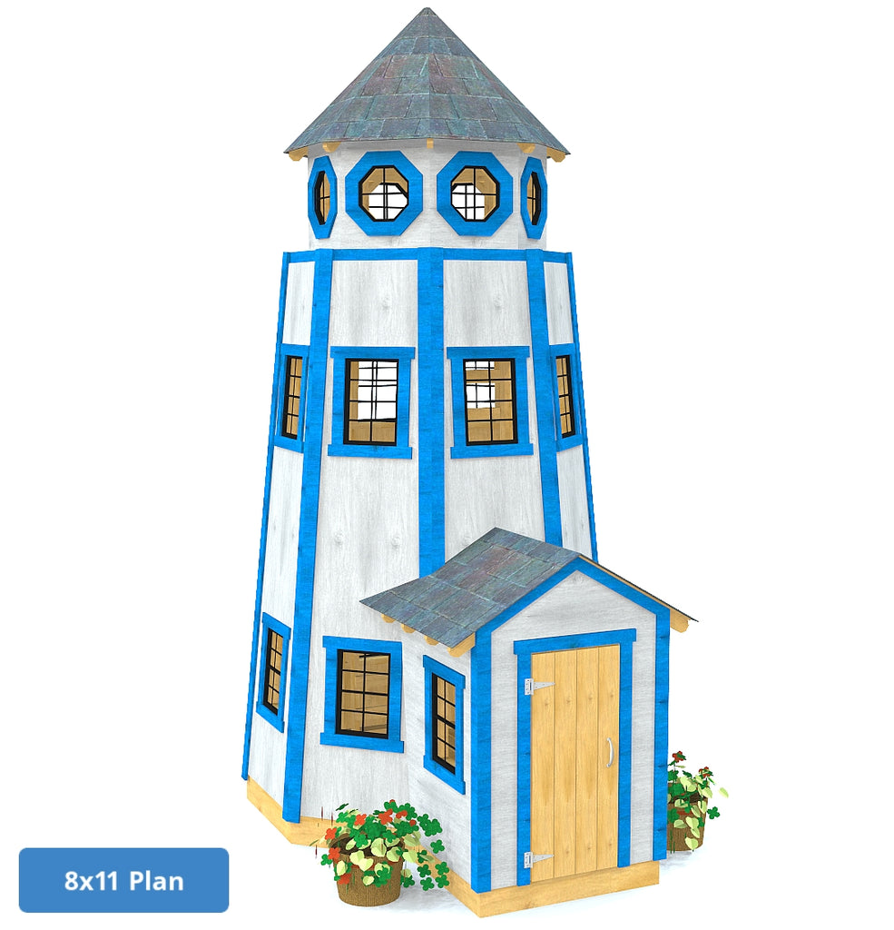 DIY outdoor blue lighthouse playhouse plan for kids