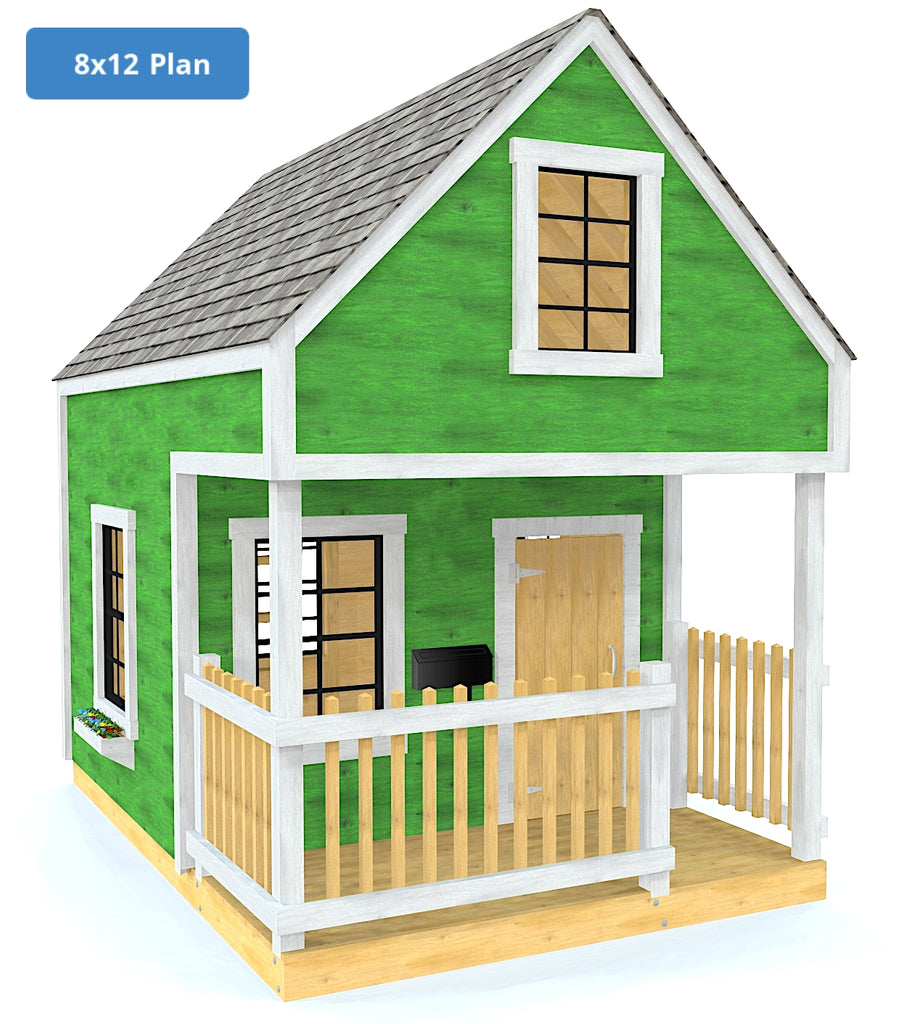 8x12 DIY green gable porch and loft playhouse plan
