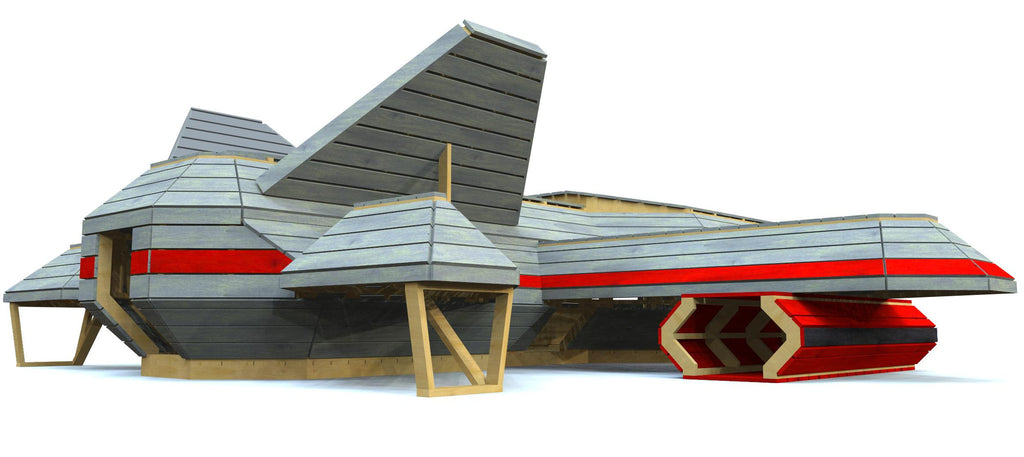 low view of outdoor, wooden f-22 playset w/ wings and engine