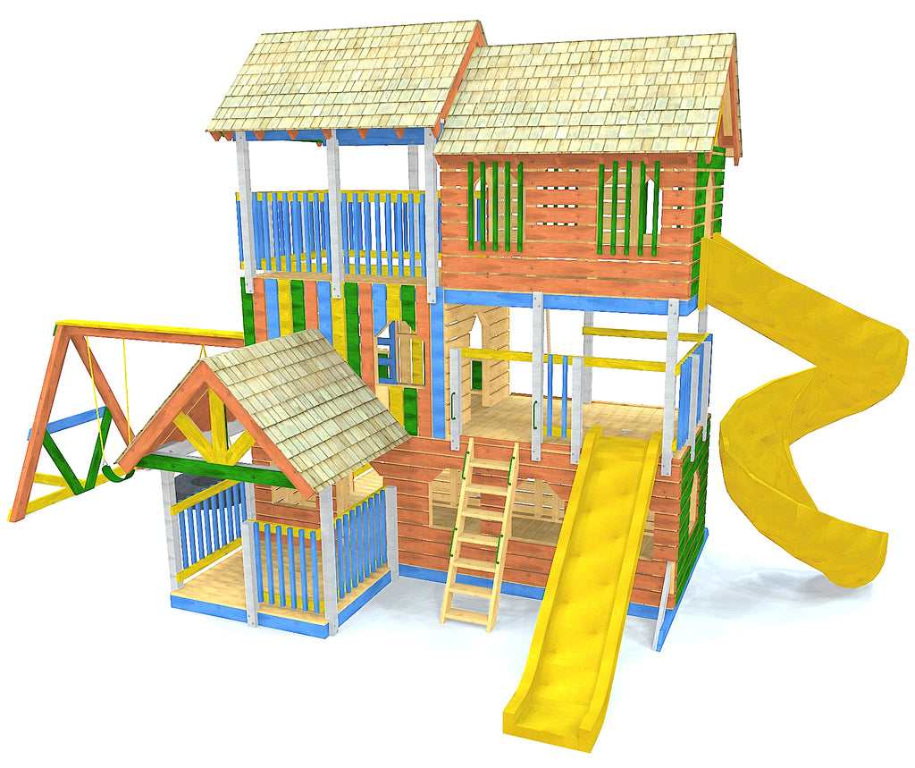 Large 3 story DIY playset with spiral slide, rockwall, swingset and gang plank