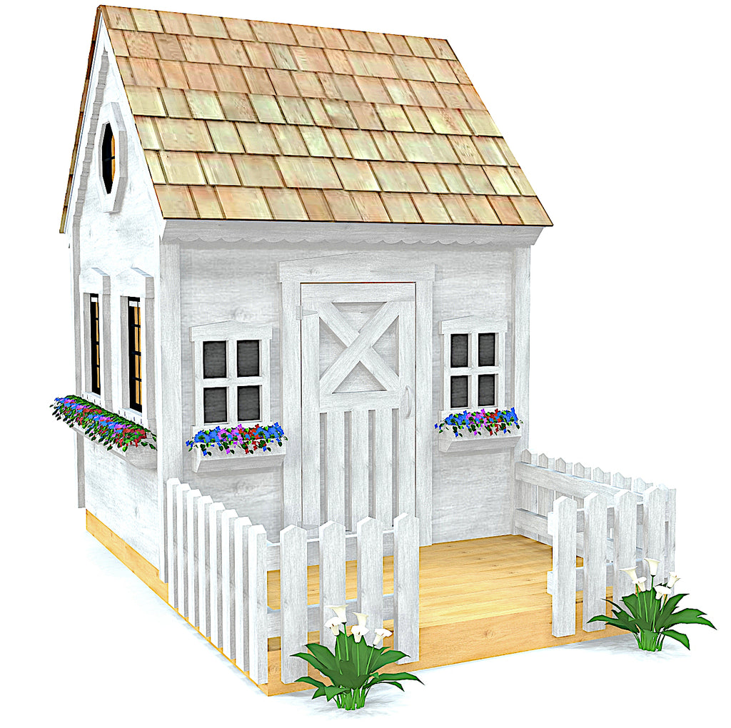 Small, white garden playhouse with front porch, picket fence and flowerboxes